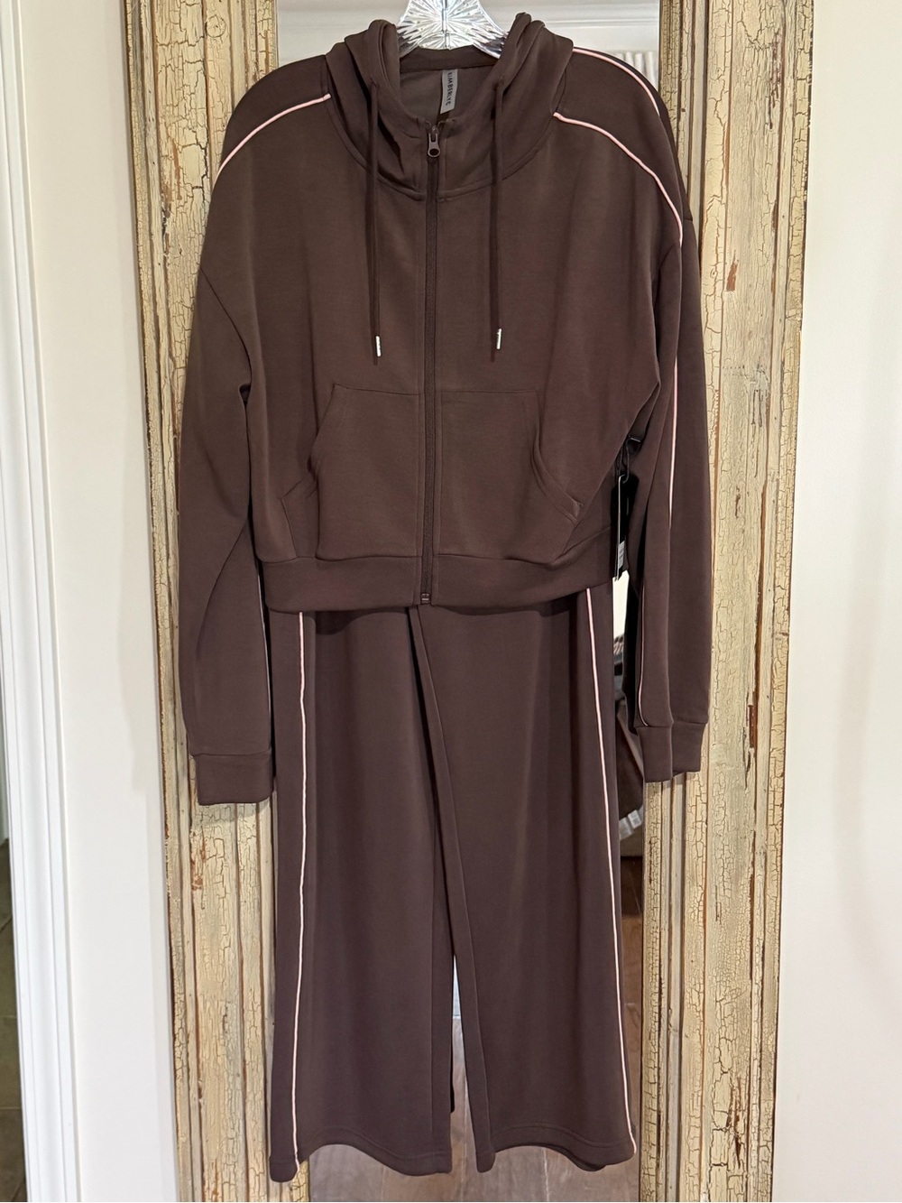 Women's Brown Hooded Track Jacket & Wide-Leg Joggers with Pink Piping